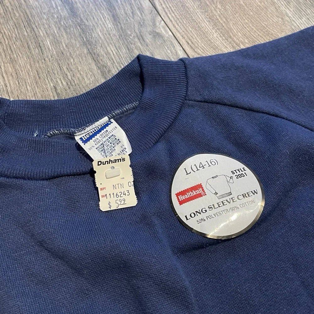NOS Vintage 70s‎ 80s Healthknit Navy Pullover Crewneck Sweatshirt Youth Size L